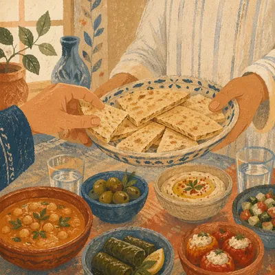 Hands Sharing Bread at a Warm Table