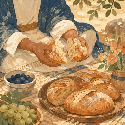 Hands Sharing Rustic Bread at Sunlit Picnic