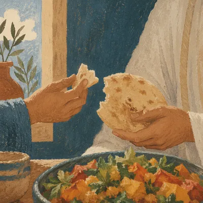 Hands Sharing Warm Flatbread in Fellowship