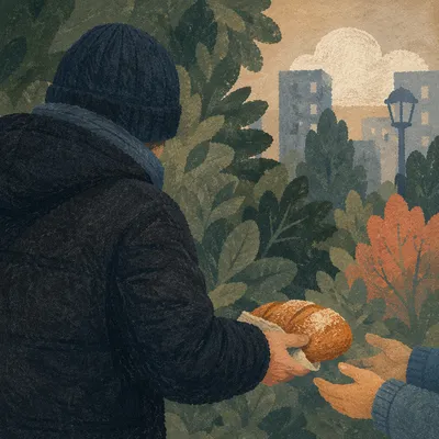 Sharing Bread in a Quiet Urban Park