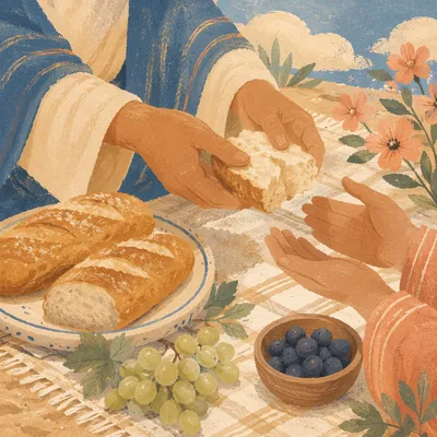 Hands Sharing Bread at Summer Picnic