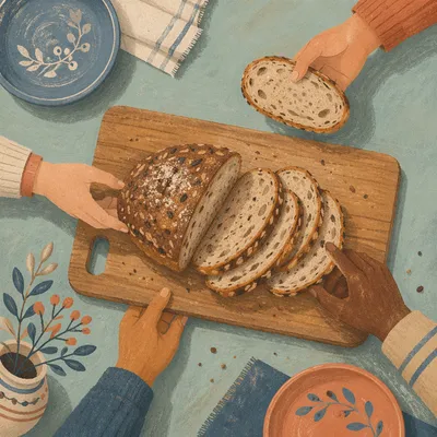 Hands Sharing Rustic Bread on Wooden Board