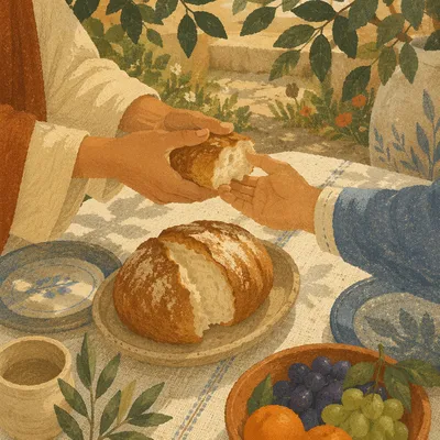 Hands Sharing Rustic Bread in Sunlight