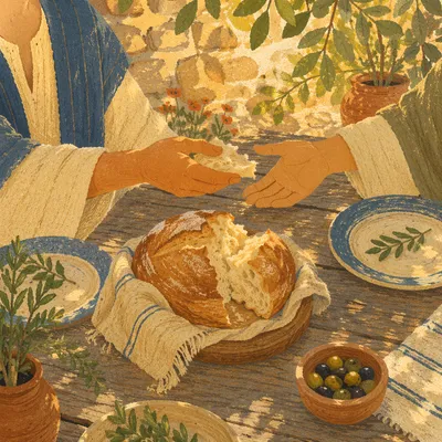 Hands Sharing Rustic Bread at Golden Hour
