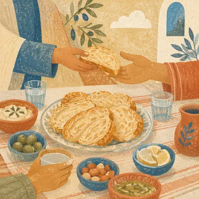 Hands Sharing Rustic Bread at Table