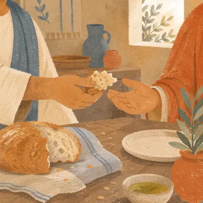 Hands Sharing Bread in Warm Kitchen