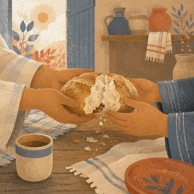 Hands Sharing Rustic Bread in Morning Light