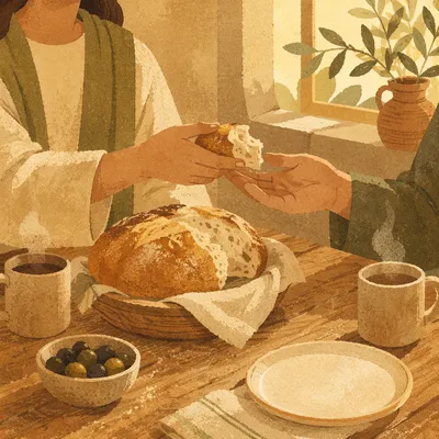 Hands Sharing Bread in Morning Fellowship