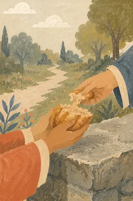 Hands Sharing Rustic Bread Outdoors
