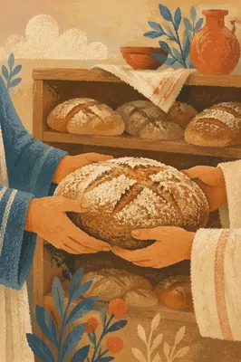 Sharing Rustic Bread in Warm Bakery