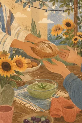 Hands Sharing Bread at Outdoor Table
