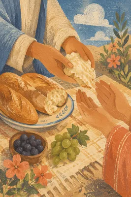 Hands Sharing Bread at Summer Picnic