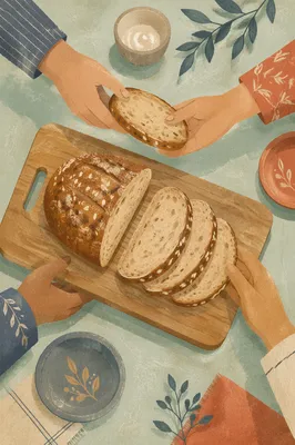 Hands Sharing Rustic Bread on Wooden Board