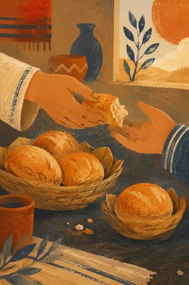 Hands Sharing Fresh Bread at Warm Table