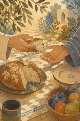 Hands Sharing Rustic Bread at Table