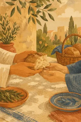 Hands Sharing Rustic Bread at Picnic