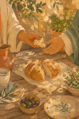 Hands Sharing Rustic Bread at Golden Hour