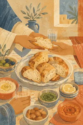 Hands Sharing Rustic Bread at Table