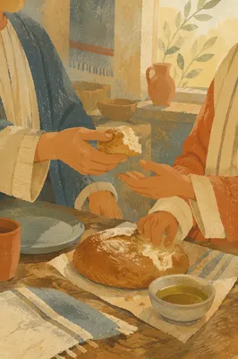 Hands Sharing Rustic Bread in Warm Kitchen