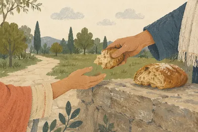 Hands Sharing Rustic Bread Outdoors