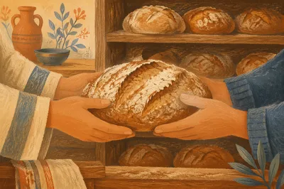 Sharing Rustic Bread in Warm Bakery