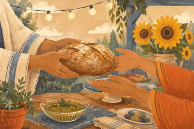 Hands Sharing Bread at Warm Patio Table