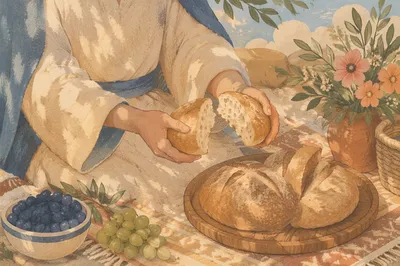 Hands Sharing Rustic Bread at Picnic