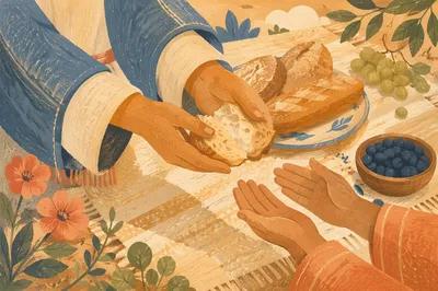 Hands Sharing Bread at Summer Picnic