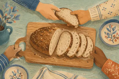 Hands Sharing Rustic Bread Overhead Scene
