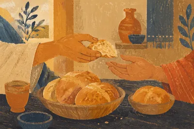 Hands Sharing Fresh Bread at Table