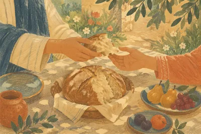 Hands Sharing Rustic Bread in Sunlight