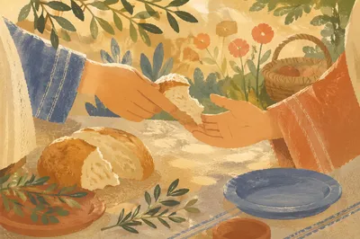 Hands Sharing Bread at Garden Table