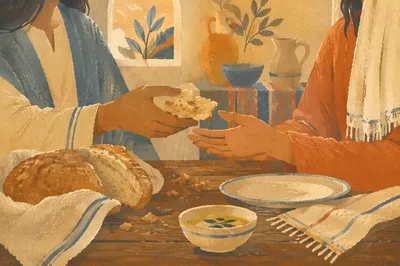 Hands Sharing Bread in Warm Kitchen Light
