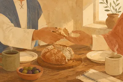 Hands Sharing Bread in Morning Fellowship