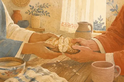 Hands Sharing Rustic Bread in Sunlit Kitchen