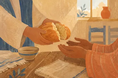 Hands Sharing Bread in Sunlit Kitchen