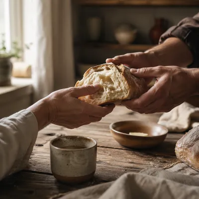 Hands Sharing Rustic Bread in Morning Light