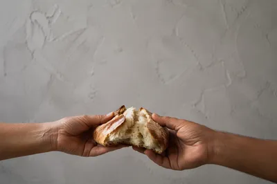 Hands Sharing Rustic Bread in Gentle Daylight