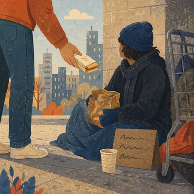 Compassionate Food Handoff on City Sidewalk