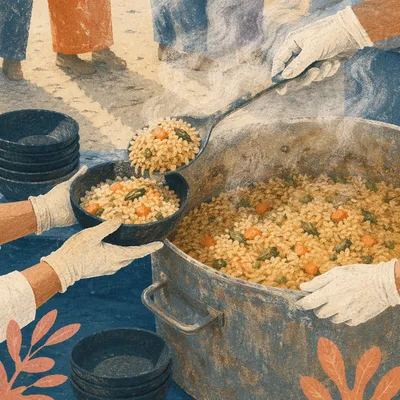 Volunteers Serving Hot Meals Outdoors