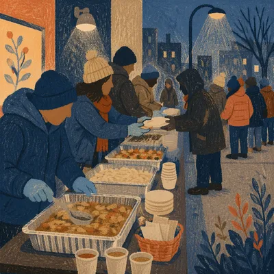 Hands Serving Warm Meals on City Sidewalk
