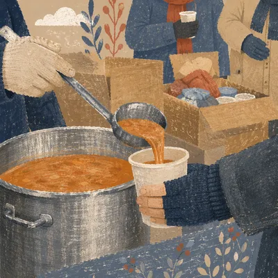 Compassionate Hands Serving Soup Outdoors