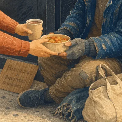 Volunteer Hands Offering Meal on City Sidewalk