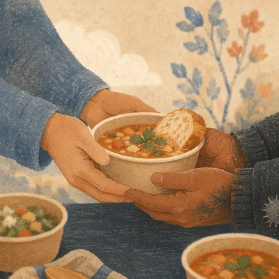 Compassionate Hands Serving Warm Meal Outdoors