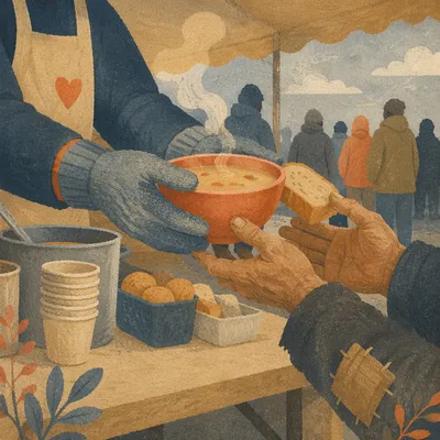 Compassionate Hands Serving Soup and Bread
