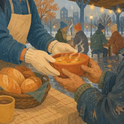 Compassionate Hands Serving Soup and Bread