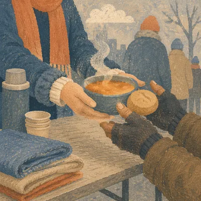 Compassionate Hands Serving Soup Outdoors