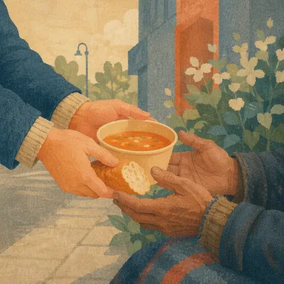 Compassionate Hands Serving Soup and Bread