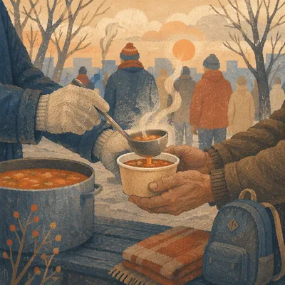 Compassionate Hands Serving Soup Outdoors