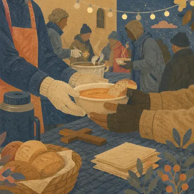 Volunteers Serving Warm Meals at Dusk